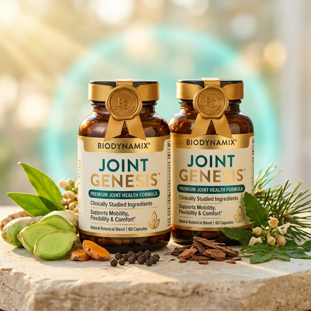 Joint Genesis bottles with botanicals and gold ribbon